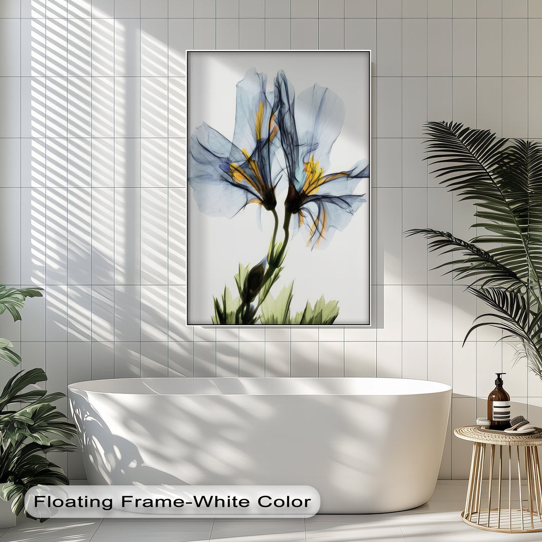 Winterliche Ruhe – Japanische Frau im blauen Kimono, Leinwanddruck | Gerahmtes Kunstwerk