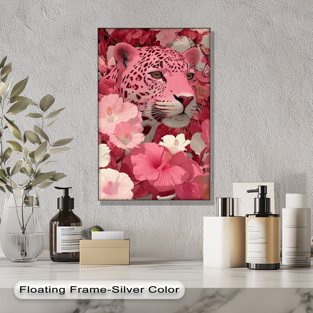 Blush Predator – Pink Leopard in Hibiscus Jungle Canvas Print