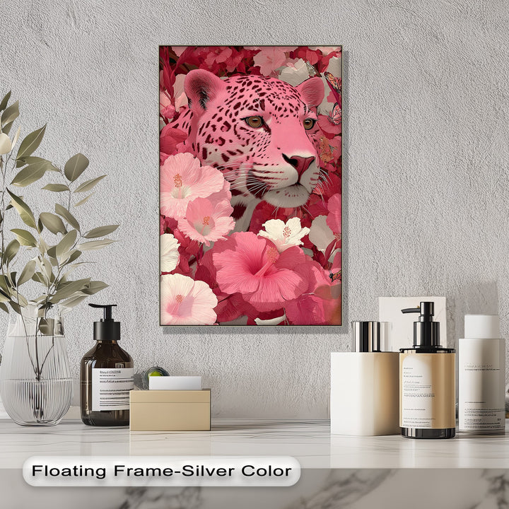 Blush Predator – Pink Leopard in Hibiscus Jungle Canvas Print