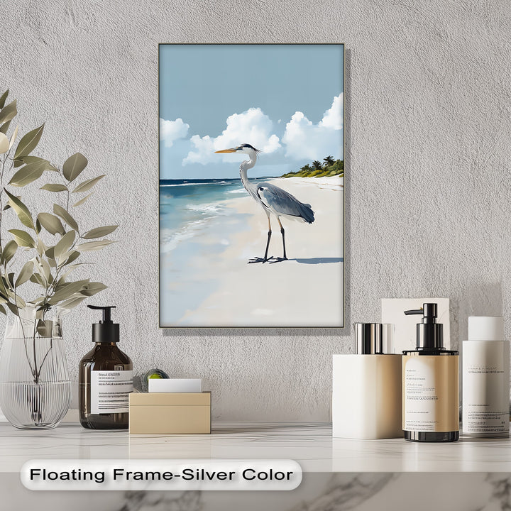 Coastal Heron Under Blue Skies – Tropical Beach Canvas Print
