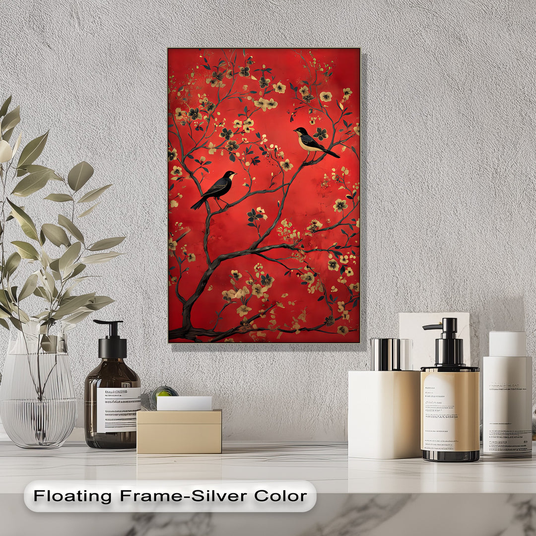 Crimson Melody – Golden Blossom Birds Canvas Wall Art | Framed Art