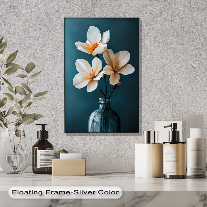 White Magnolia Trio in Teal – Elegant Floral Canvas Prints