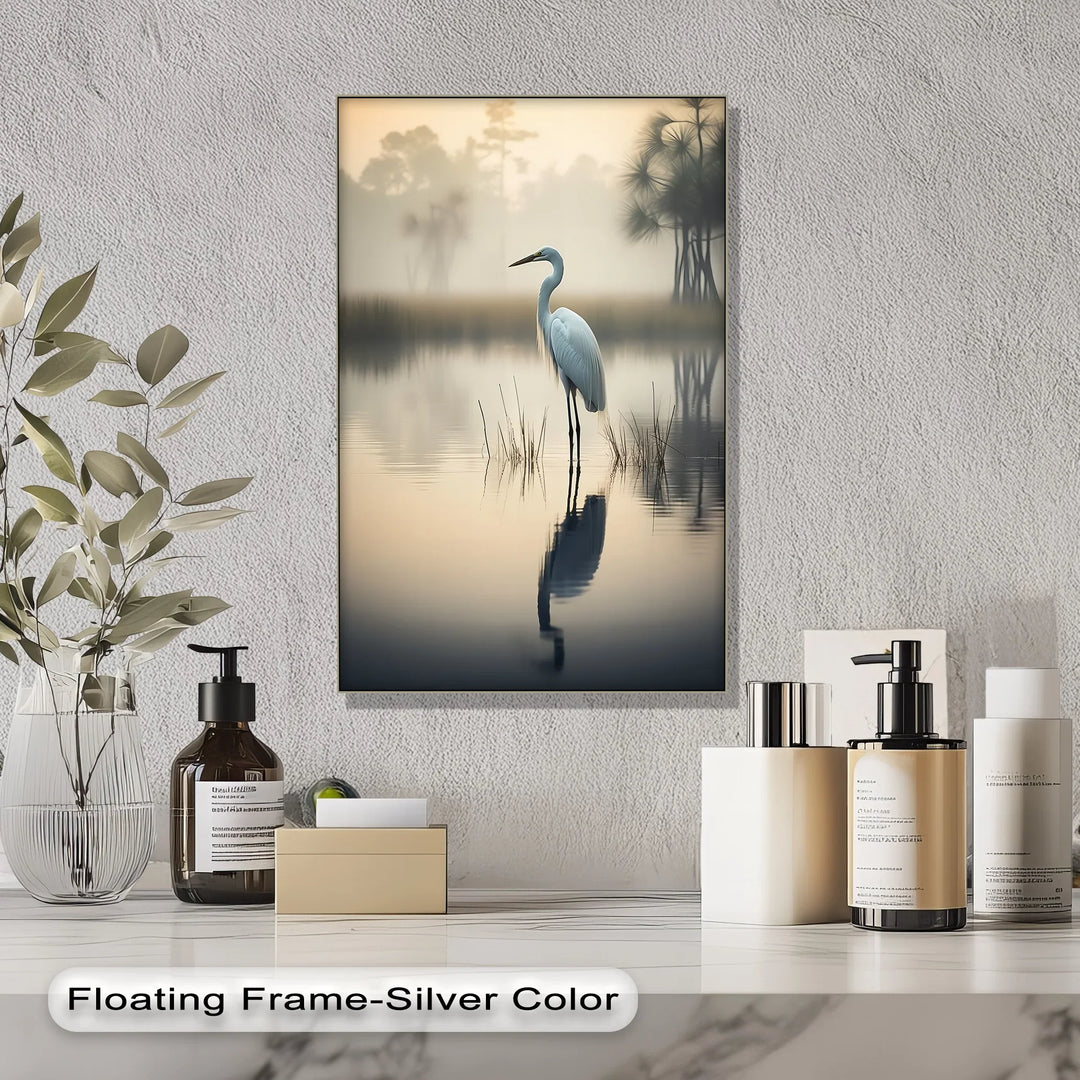 Misty Morning Heron – Serene Lakeside Reflection Canvas Print - MyPhotoStation