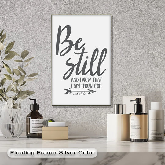 Ample negative space surrounds the 'Be Still' sentiment on this serene canvas wall art print, offering a calming focal point.