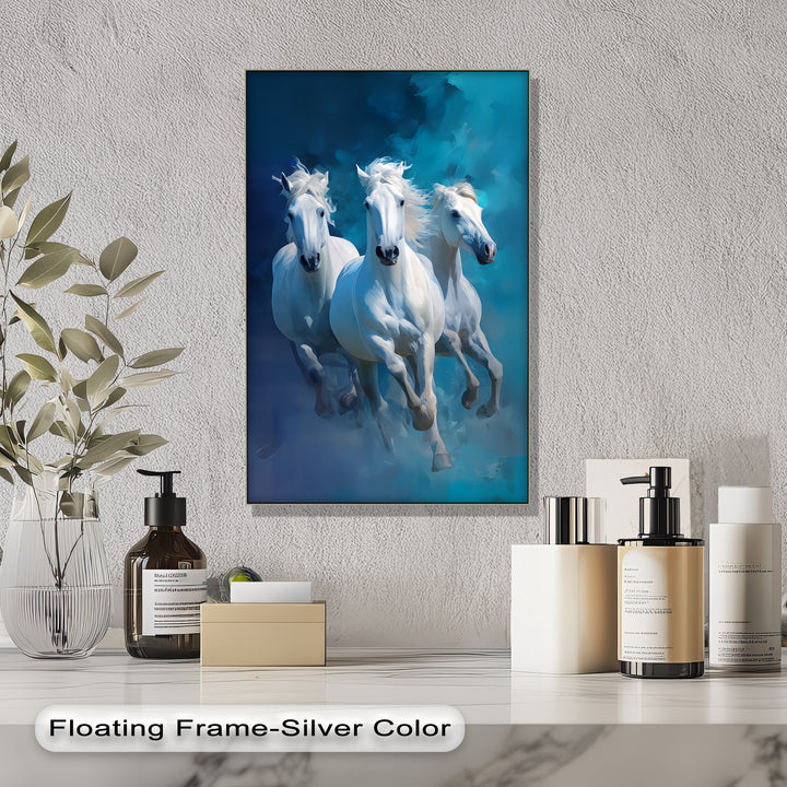 Galloping Spirits – Trio of White Horses in Motion Canvas Print