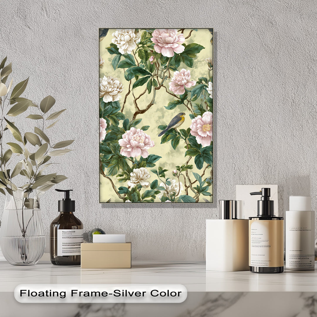 Peony Flowers and Bird - Botanical Canvas Wall Art | Framed Art