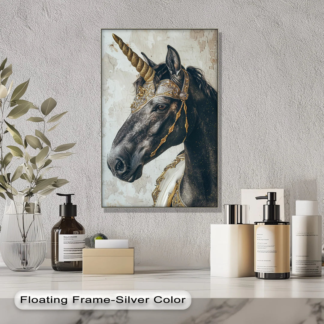 Regal Black Unicorn with Golden Armor – Fantasy Animal Canvas Print - MyPhotoStation