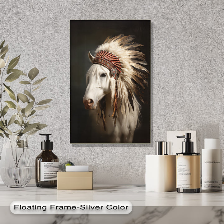 White Horse with Feathered Headdress - Horse Canvas Print