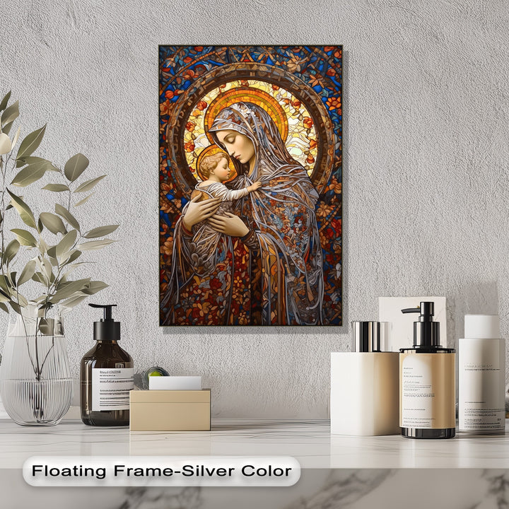 A vibrant stained glass style depiction of the Madonna and Child, illuminated by a radiant halo, is the focal point of this stunning canvas art.