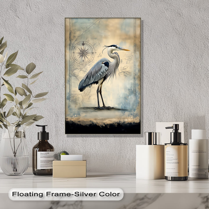 Navigational Heron – Vintage Map Inspired Bird Canvas Print