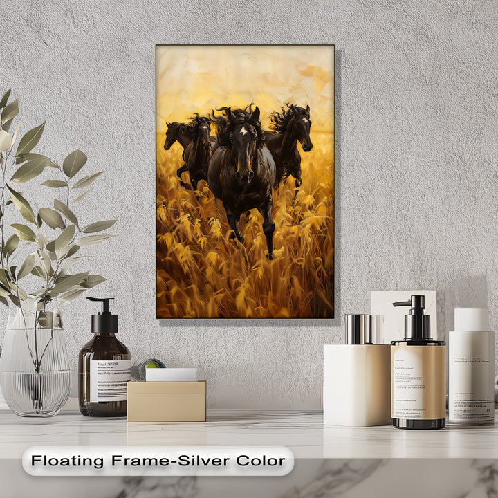 Black Horses Running Through a Wheat Field - Horse Canvas Print