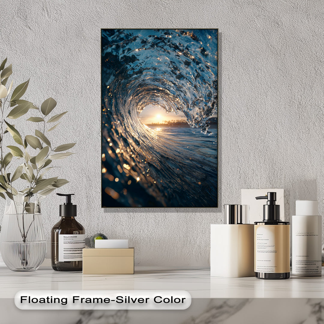 Textured white negative space on the wall beautifully highlights a unique canvas print of an ocean wave at sunset, complemented by minimalist counter items.