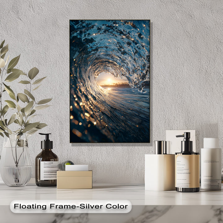 Textured white negative space on the wall beautifully highlights a unique canvas print of an ocean wave at sunset, complemented by minimalist counter items.