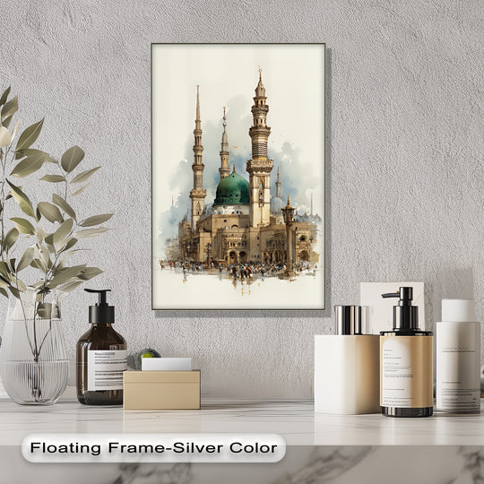 Canvas print with Al-Masjid an-Nabawi Medina motif minarets and green dome a Sacred Serenity canvas plus Islamic wall art for home