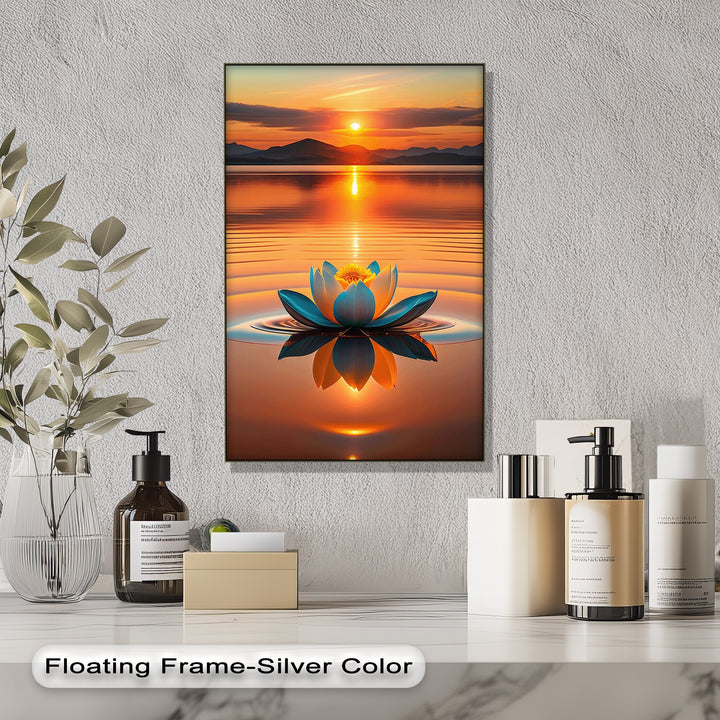 The golden light and soft shadows of a sunset illuminate a serene lotus on reflective water, creating depth in this canvas wall art.