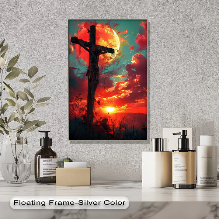 Crimson Redemption – Jesus on the Cross at Sunset Canvas Print