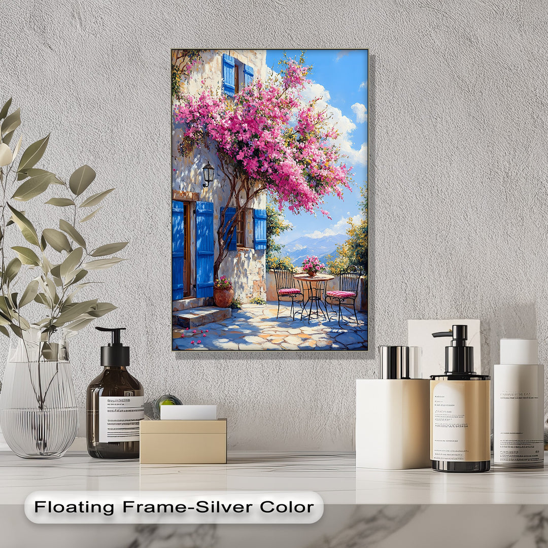 Bougainvillea Breeze – Pink Blossoms and Blue Shutters Canvas Print