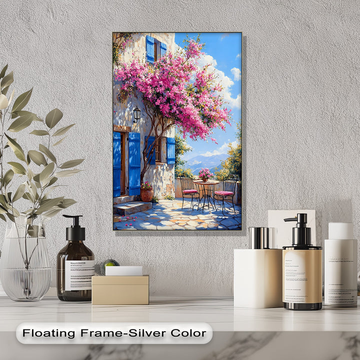 Bougainvillea Breeze – Pink Blossoms and Blue Shutters Canvas Print