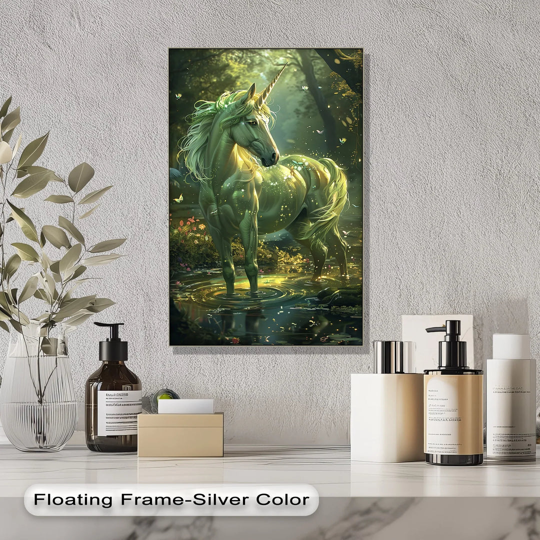 Glowing Green Unicorn in Enchanted Pond - Animal Canvas Print - MyPhotoStation