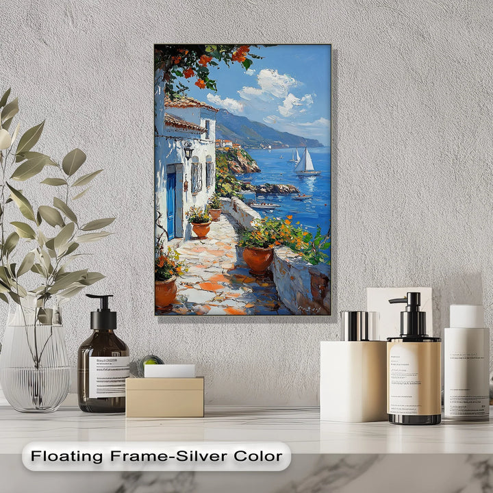 Mediterranean Stroll – Seaside Village Path with Blue Door Canvas Print - MyPhotoStation