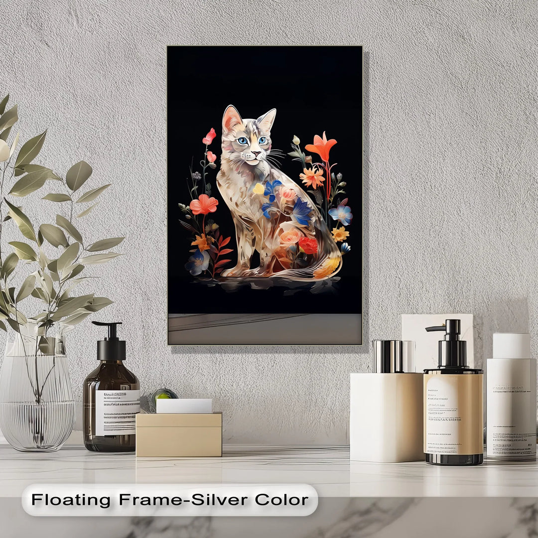 Botanical Gaze – Floral Patterned Cat with Blue Eyes Cat Canvas Print - MyPhotoStation