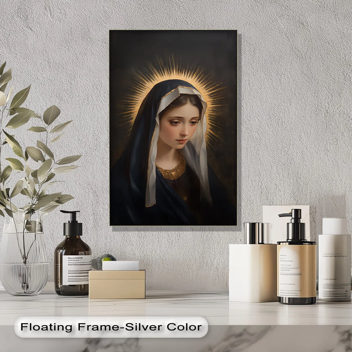 A heavenly presence radiates from this peaceful photo canvas of Mary in quiet devotion.


