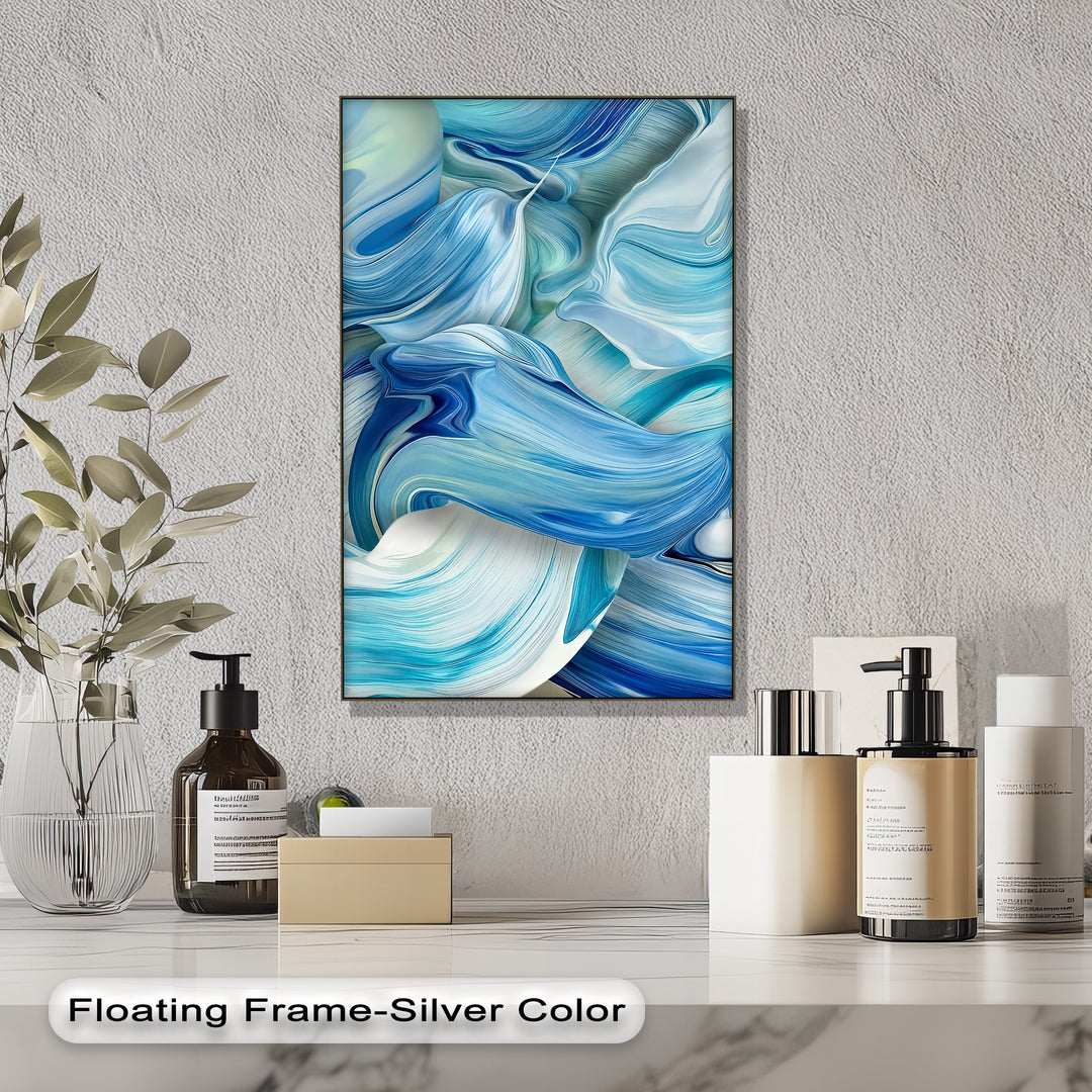Dominated by vibrant azure, turquoise, and deep blue, this high quality canvas prints showcases abstract flowing ocean waves.