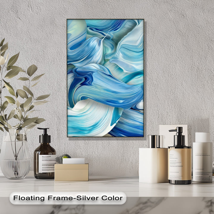 Dominated by vibrant azure, turquoise, and deep blue, this high quality canvas prints showcases abstract flowing ocean waves.