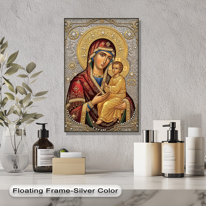 Radiant gold details highlight this big canvas print featuring the sacred Virgin Mary and Child, an ornate Christian icon wall art piece.