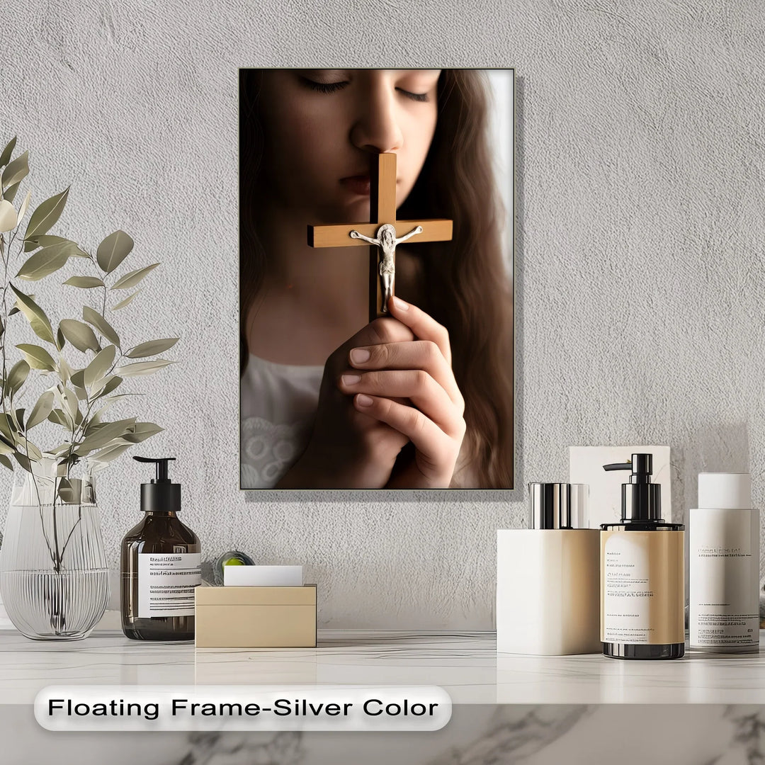 Faithful Prayer – Girl Holding Crucifix Close-Up Canvas Print