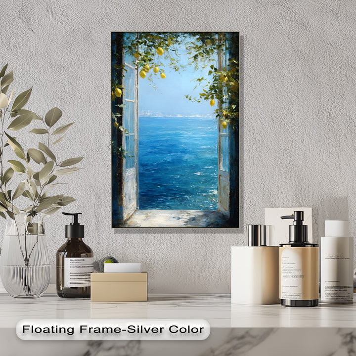 The stillness of the azure sea is captured in this Mediterranean lemon window framed canvas, a coastal sea view wall art.