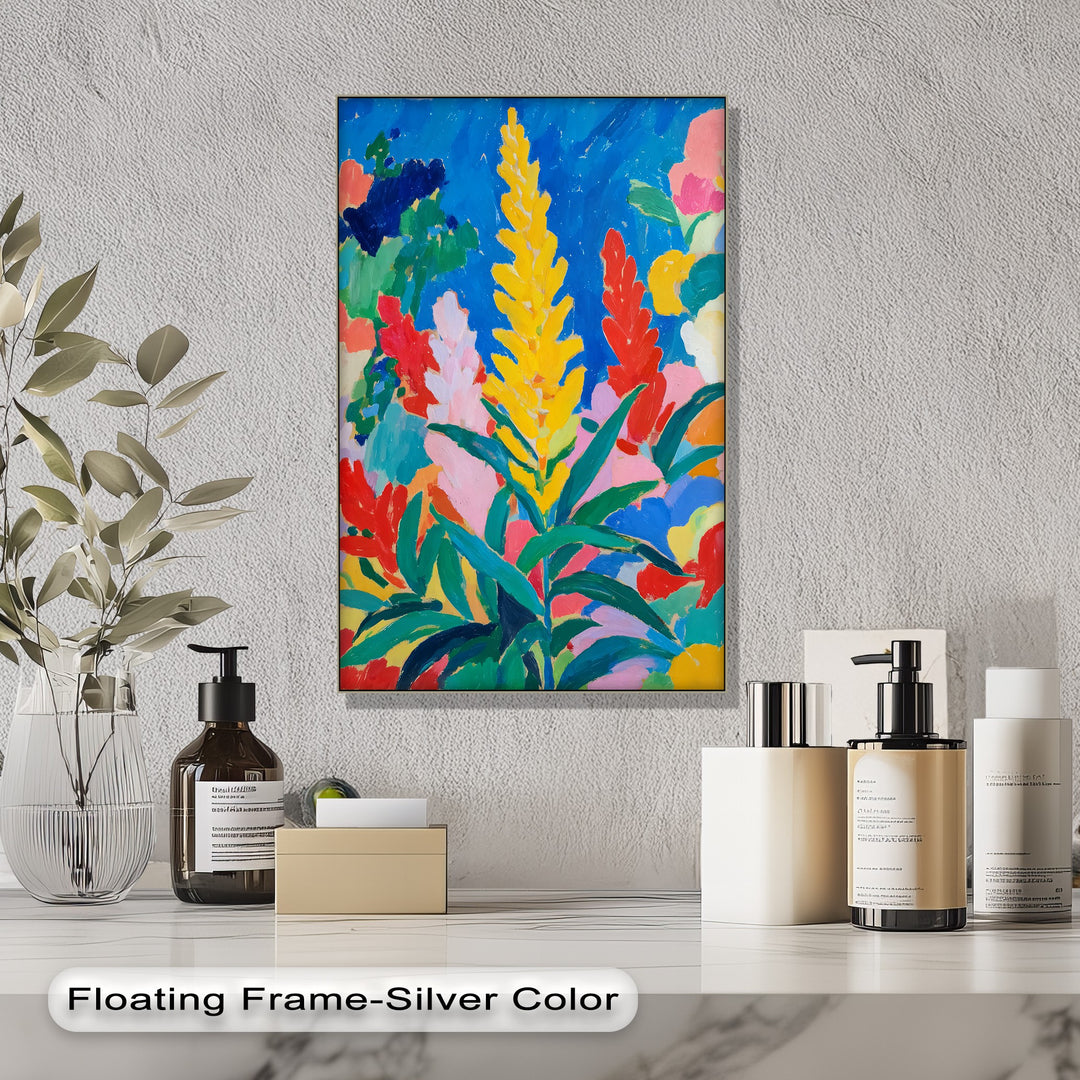 Focal point highlights the vibrant Fauvist flower canvas artwork, a colorful abstract garden wall art piece, bringing bold botanical expression to any space.