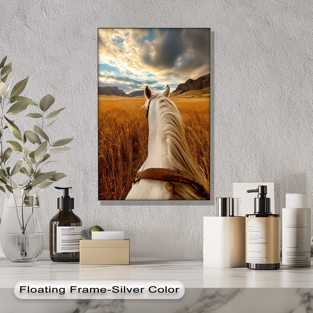 White Horse Overlooking a Golden Field - Horse Canvas Print