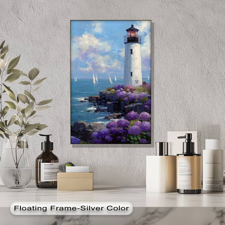 Dynamic brushstrokes capture the sense of movement in this lighthouse by the sea canvas print, an example of big canvas prints, where the ocean waves crash against the floral coastal wall art.