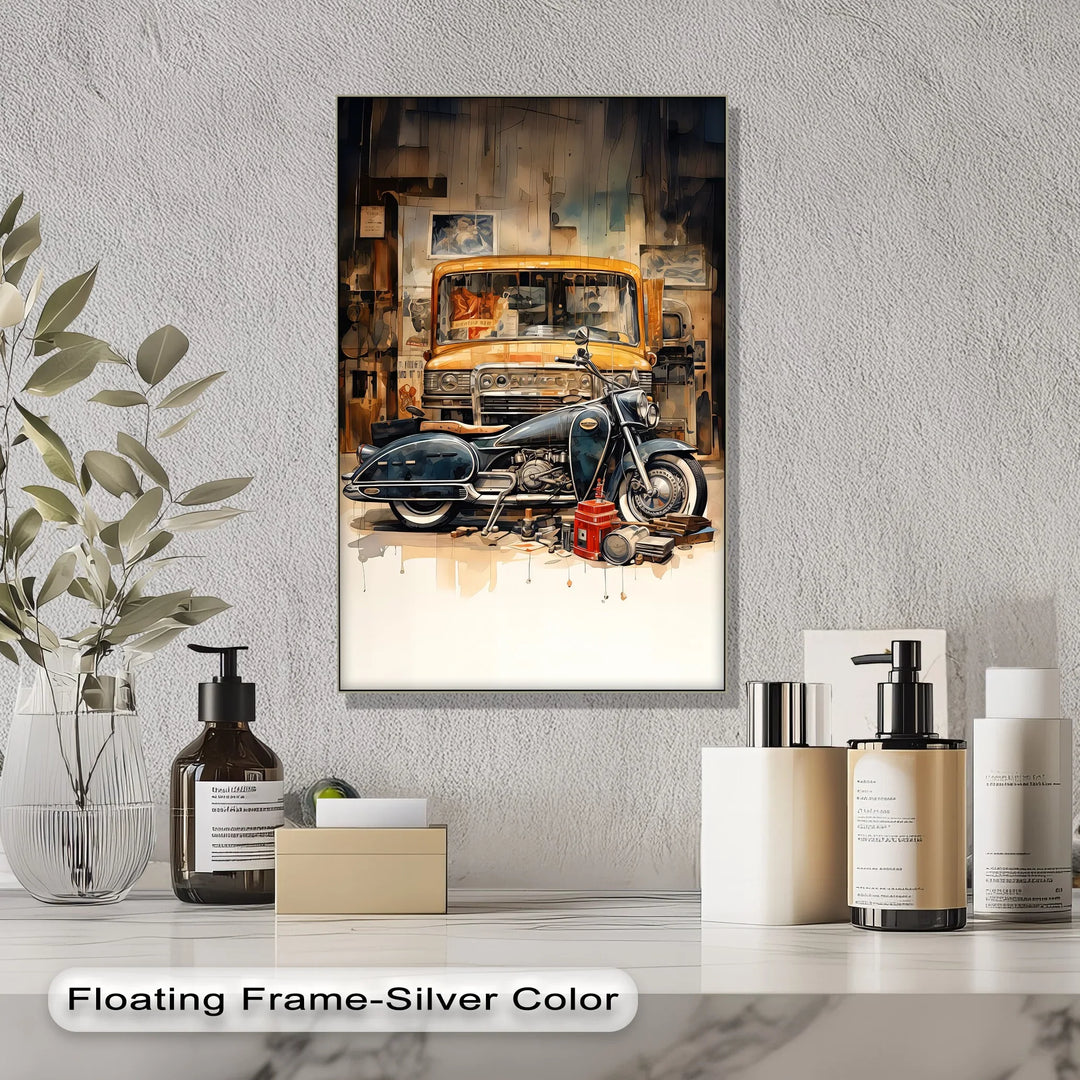 Garage Time – Classic Motorcycle and Vintage Truck Canvas Print - MyPhotoStation