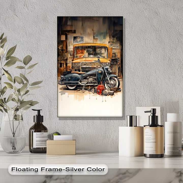 Garage Time – Classic Motorcycle and Vintage Truck Canvas Print - MyPhotoStation