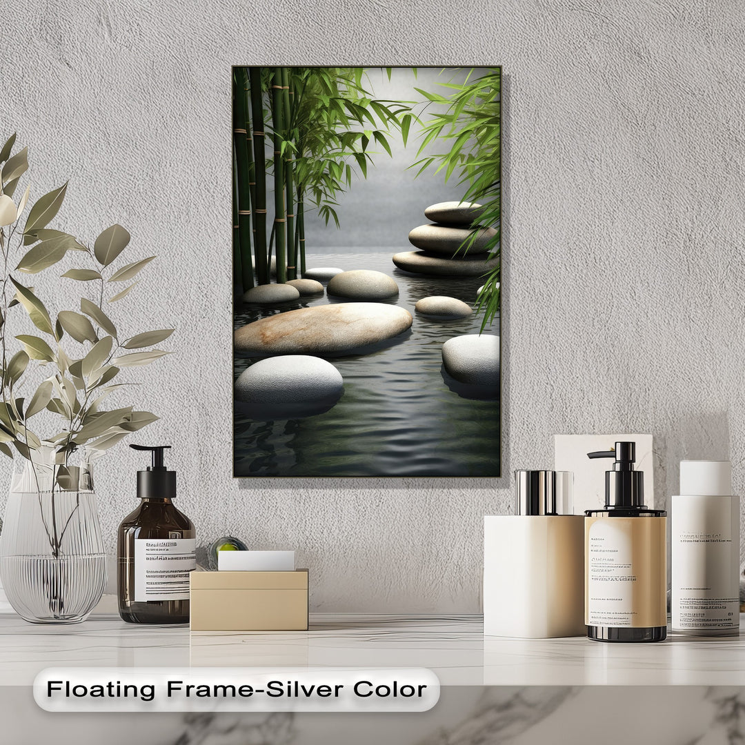 The serene mood of this bamboo zen canvas art depicts a peaceful scene with stones and water reflections.