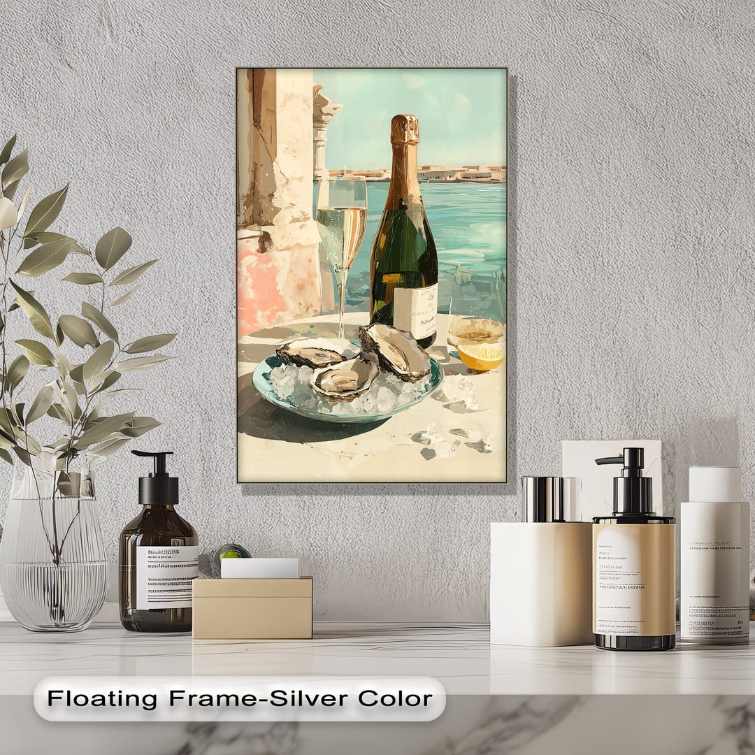 Canvas wall art of champagne and oysters with a textured background and cool watery tones.