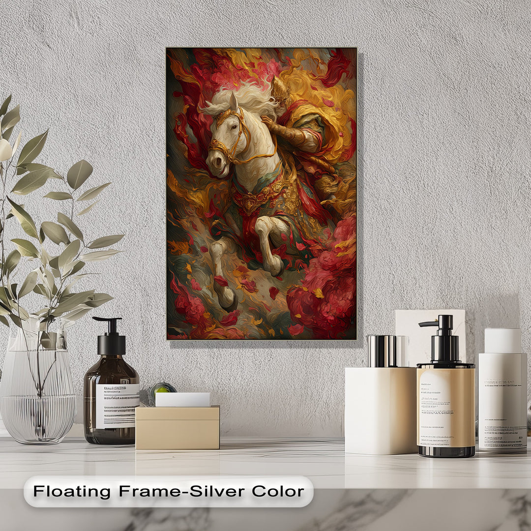 The Crimson Charge – Warrior on White Steed Canvas Print