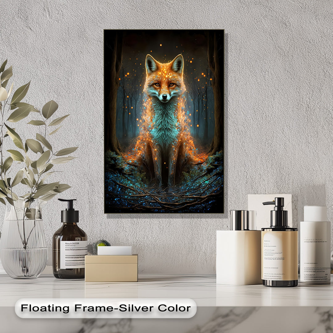 The foreground reveals a white marble counter displaying cosmetic bottles and a glass vase, enhancing the captivating fox canvas pictures.