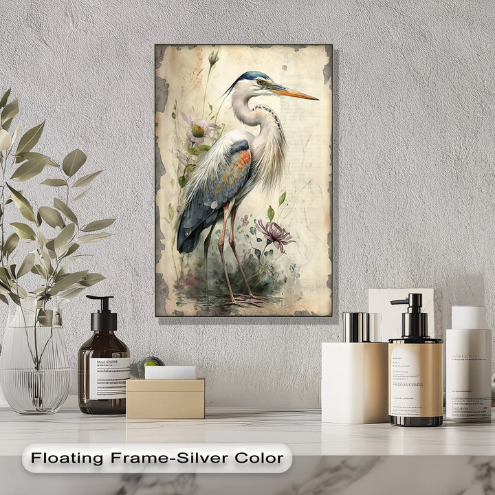 Graceful Heron Amid Wildflowers – Vintage Nature Canvas Print - MyPhotoStation
