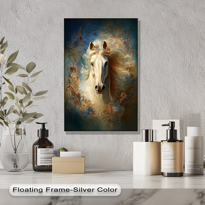 White Horse with Flowing Mane and Ornamental Aura - Horse Canvas Print
