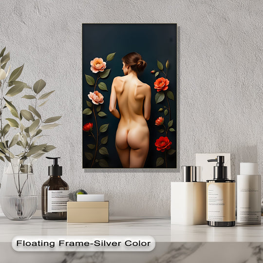 The realistic detail captures the refined artistry of this Floral Reverie nude canvas art, a vivid canvas art print featuring a woman surrounded by intricately depicted roses.