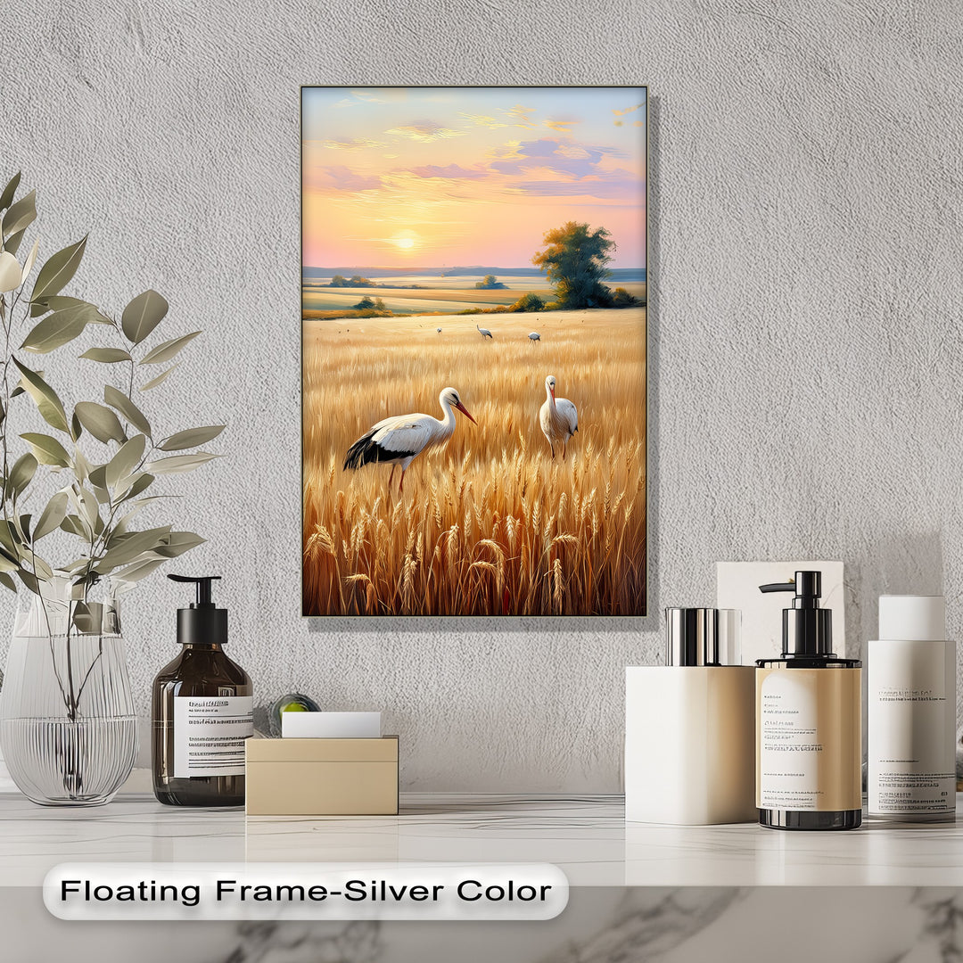 Golden Fields at Dusk – Stork Landscape Canvas Print