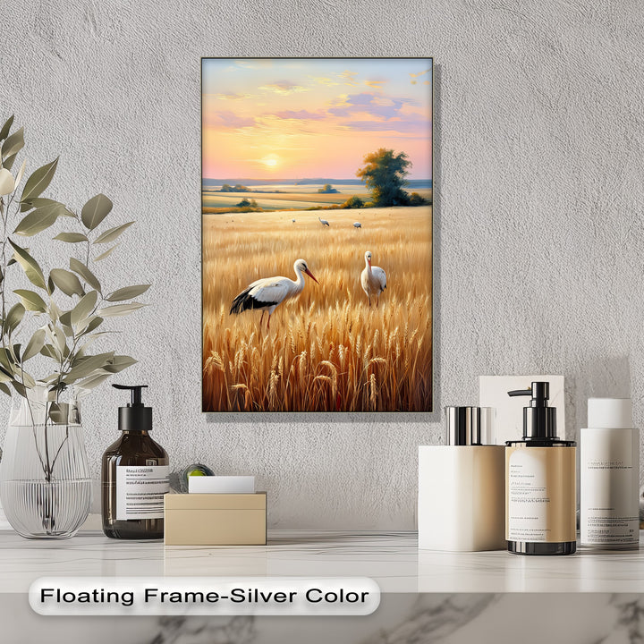 Golden Fields at Dusk – Stork Landscape Canvas Print
