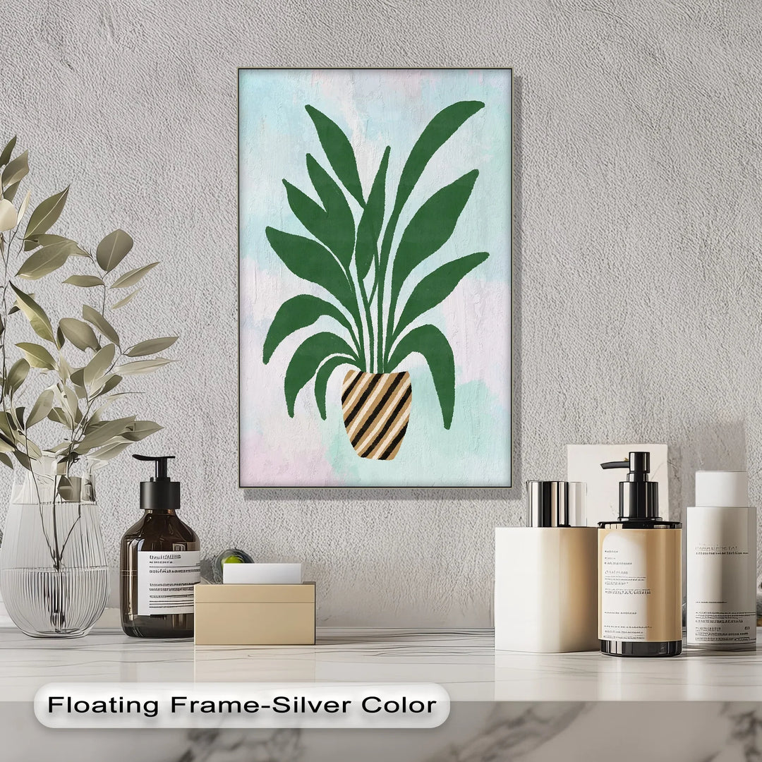 Striped Planter Botanical Art – Minimalist Green Leaf Canvas Print - MyPhotoStation