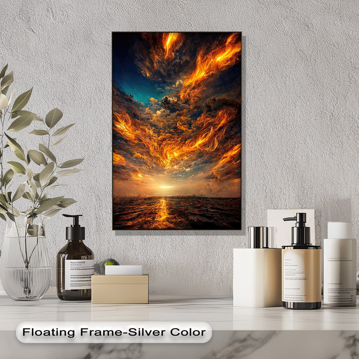 The dramatic focal point of this big canvas prints is the glowing horizon where the fiery orange sky meets the dark, reflective ocean.