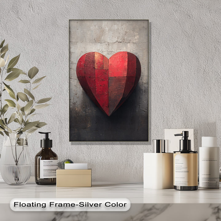 Bold color contrast makes the rustic red heart stand out as premium canvas decor against the textured, industrial-style backdrop in this wall art.