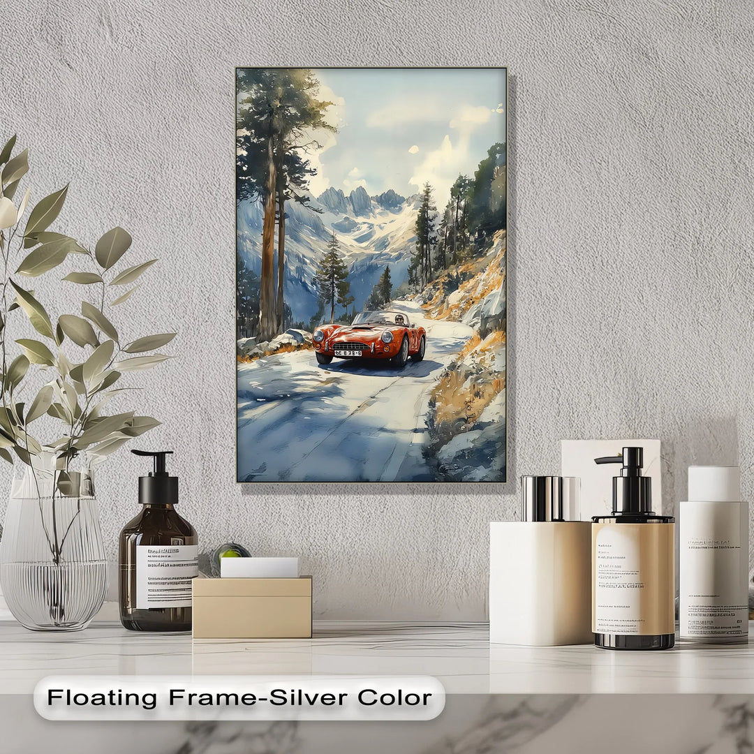 Crimson Speed – Classic Red Sports Car in Mountain Pass Canvas Print - MyPhotoStation