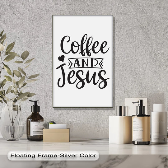 The stillness in this minimalist Christian canvas print, featuring the phrase 'Coffee and Jesus,' brings a sense of calm to premium canvas decor.